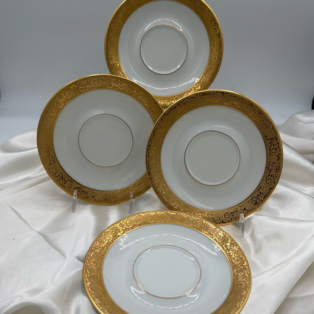 Limoges France Porcelain Saucers with Fancy Gold Rim. (4)